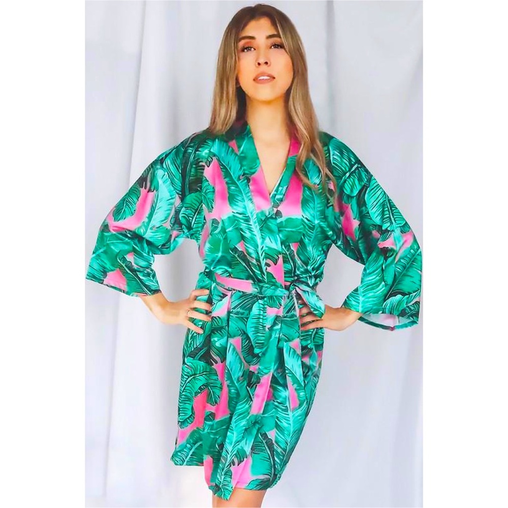 Pink Leaf Print Robe - Picture 2 of 3